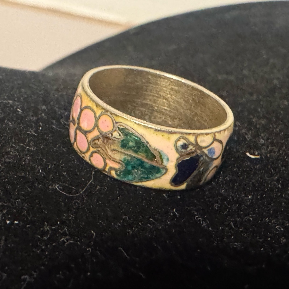Floral Enamel Ring with Pink and Green Accents